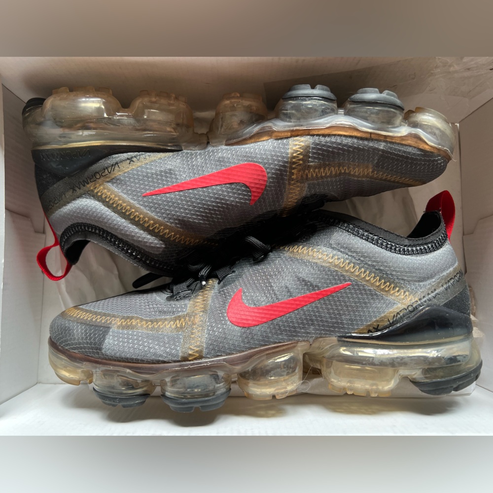 Nike Gray and Red VaporMax with Gold Accents